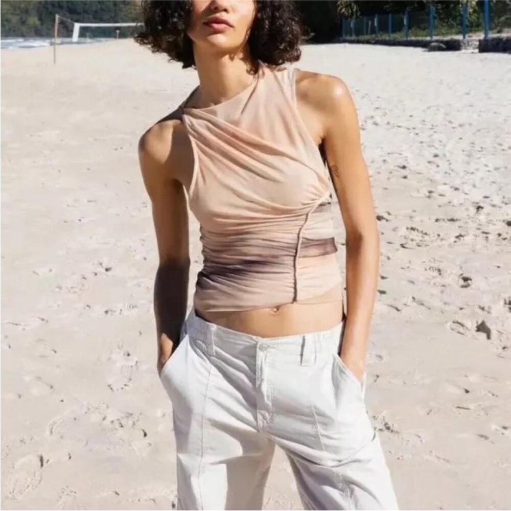 Zara Beige and Brown Ruched Tank Top